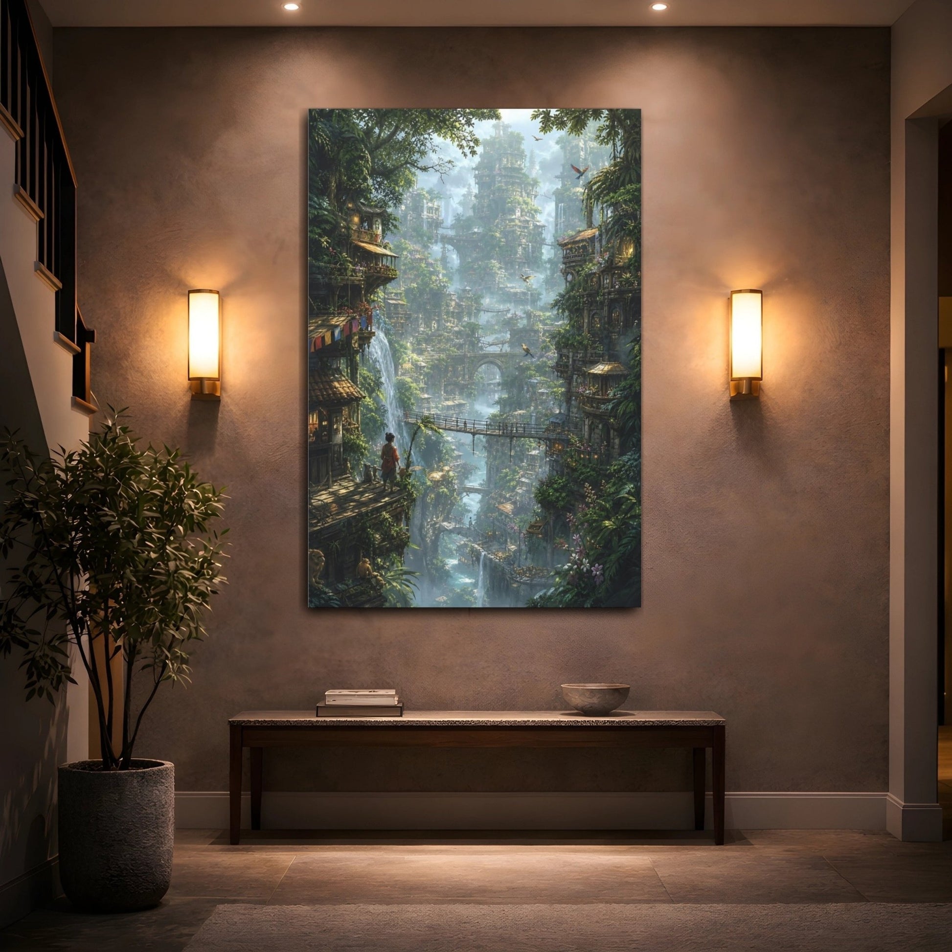 Fairytale Jungle City Green Canvas Print – Living Room, Above Couch, - YesArtYes