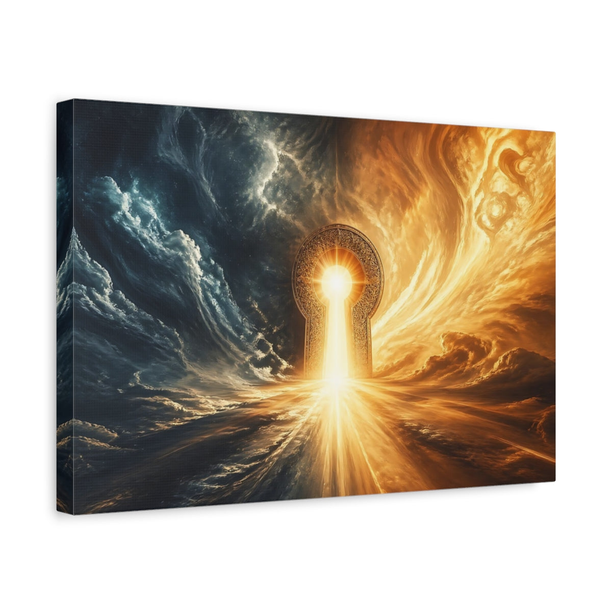 Side Mockup 4. Fairytale Keyhole Portal Blue And Gold Portal shown as stretched canvas wall art