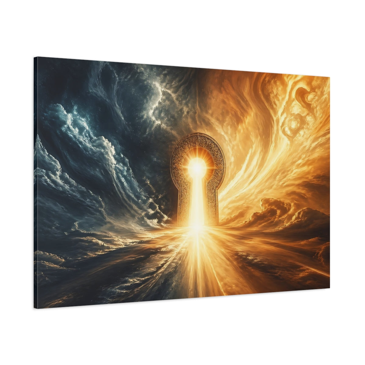 Side Mockup 1. Fairytale Keyhole Portal Blue And Gold Portal shown as stretched canvas wall art