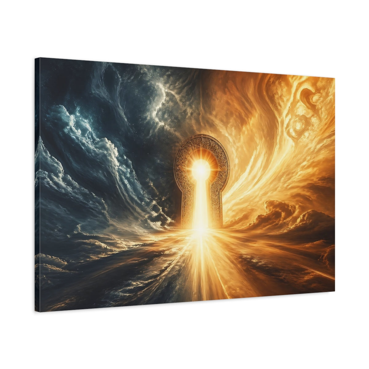 Main Mockup. Fairytale Keyhole Portal Blue And Gold Portal shown as stretched canvas wall art
