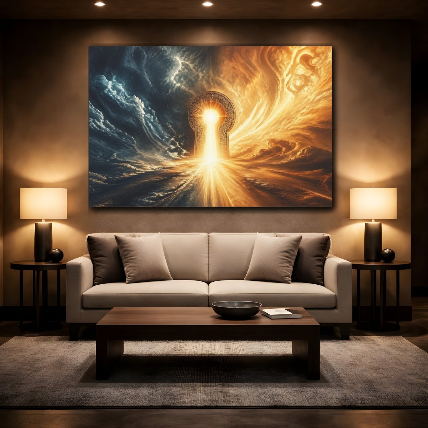 Mockup 2. Fairytale Keyhole Portal Blue And Gold Portal shown as stretched canvas wall art