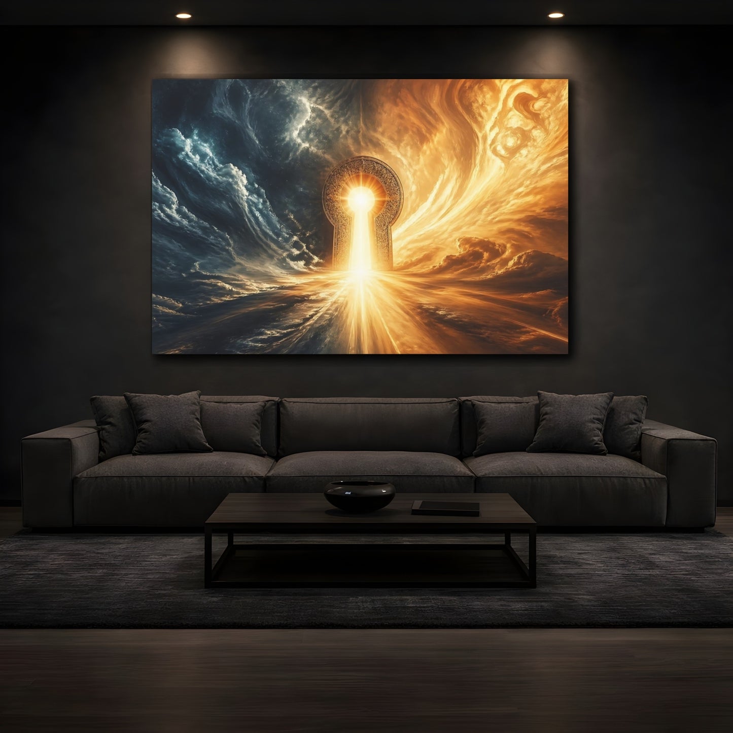 Mockup 3. Fairytale Keyhole Portal Blue And Gold Portal shown as stretched canvas wall art