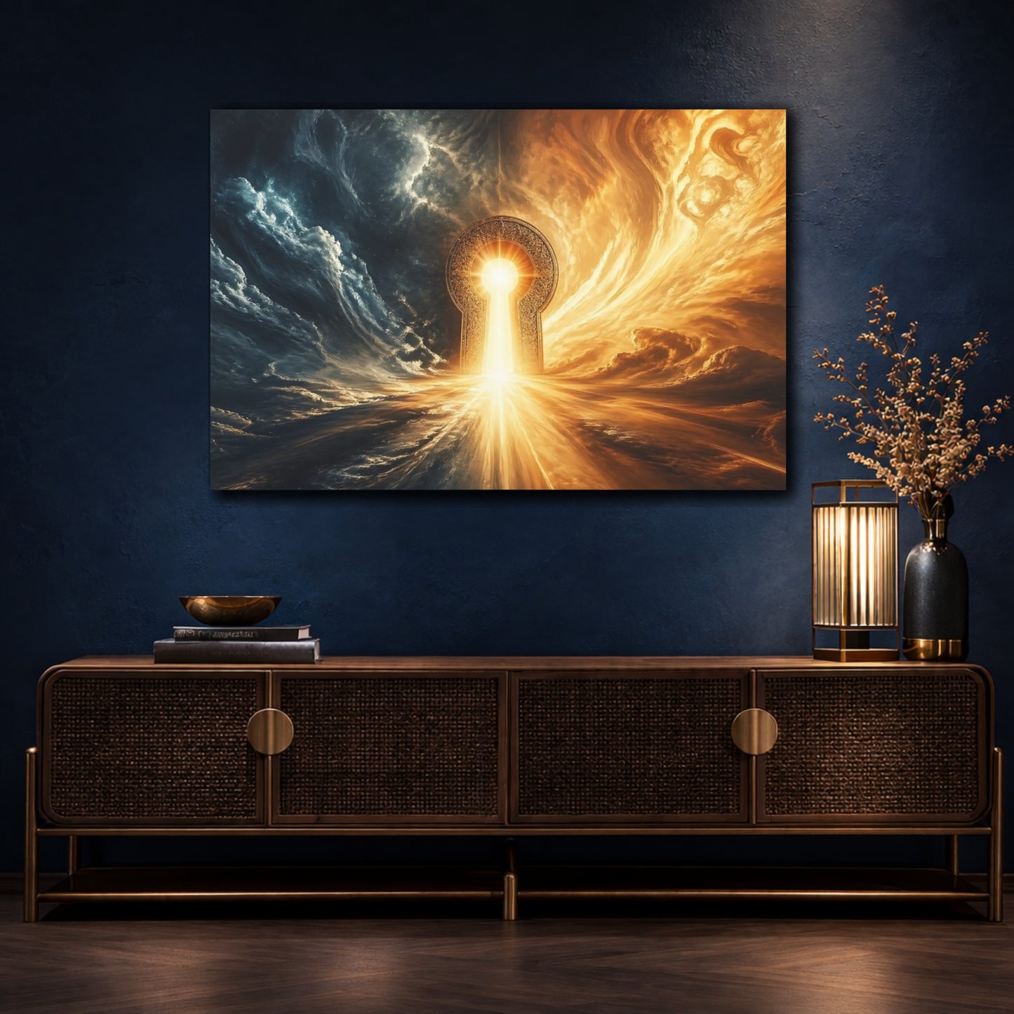 Mockup 4. Fairytale Keyhole Portal Blue And Gold Portal shown as stretched canvas wall art