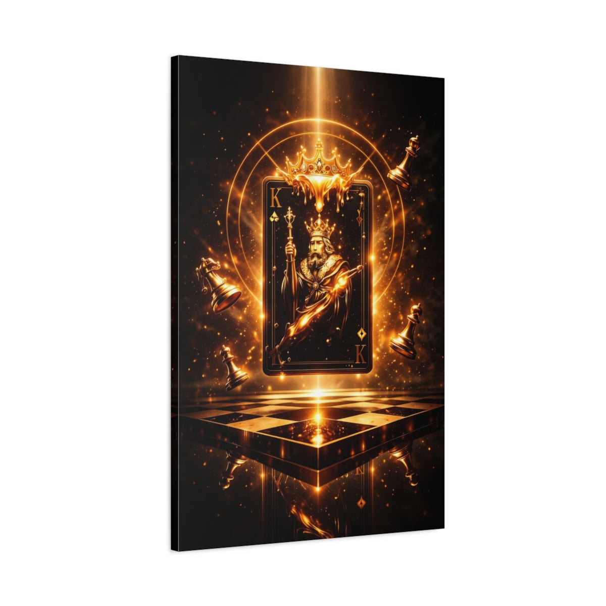 Side Mockup 1. Fairytale King Card Black Gold shown as stretched canvas wall art