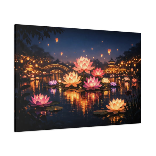 Fairytale Lotus Flowers Pink And Orange Lotus shown as stretched canvas wall art