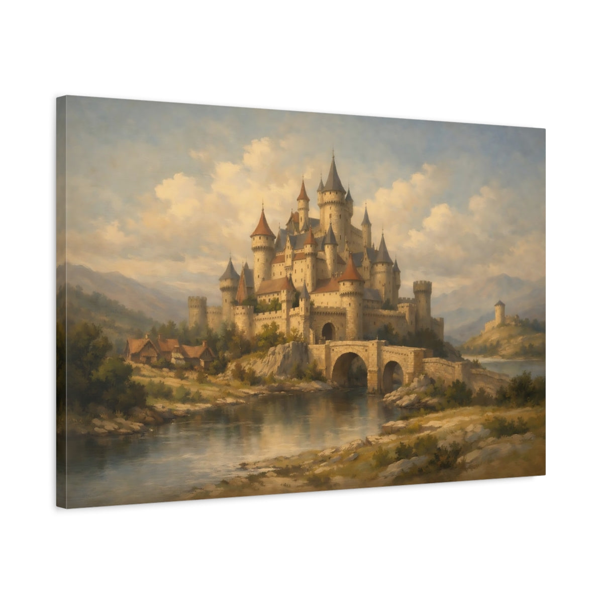 Side Mockup 2. Fairytale Medieval Castle Earthy Tones shown as stretched canvas wall art