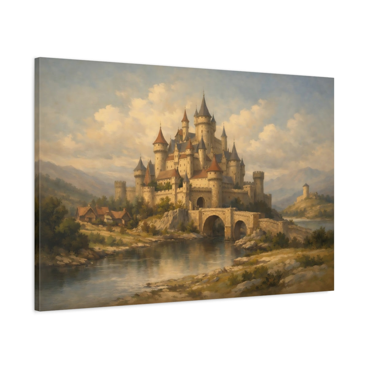 Side Mockup 1. Fairytale Medieval Castle Earthy Tones shown as stretched canvas wall art