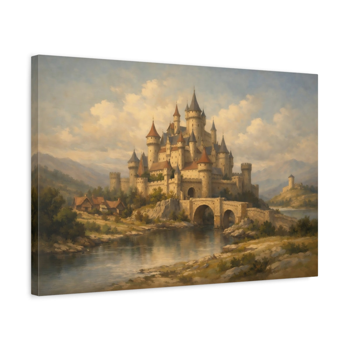 Side Mockup 3. Fairytale Medieval Castle Earthy Tones shown as stretched canvas wall art