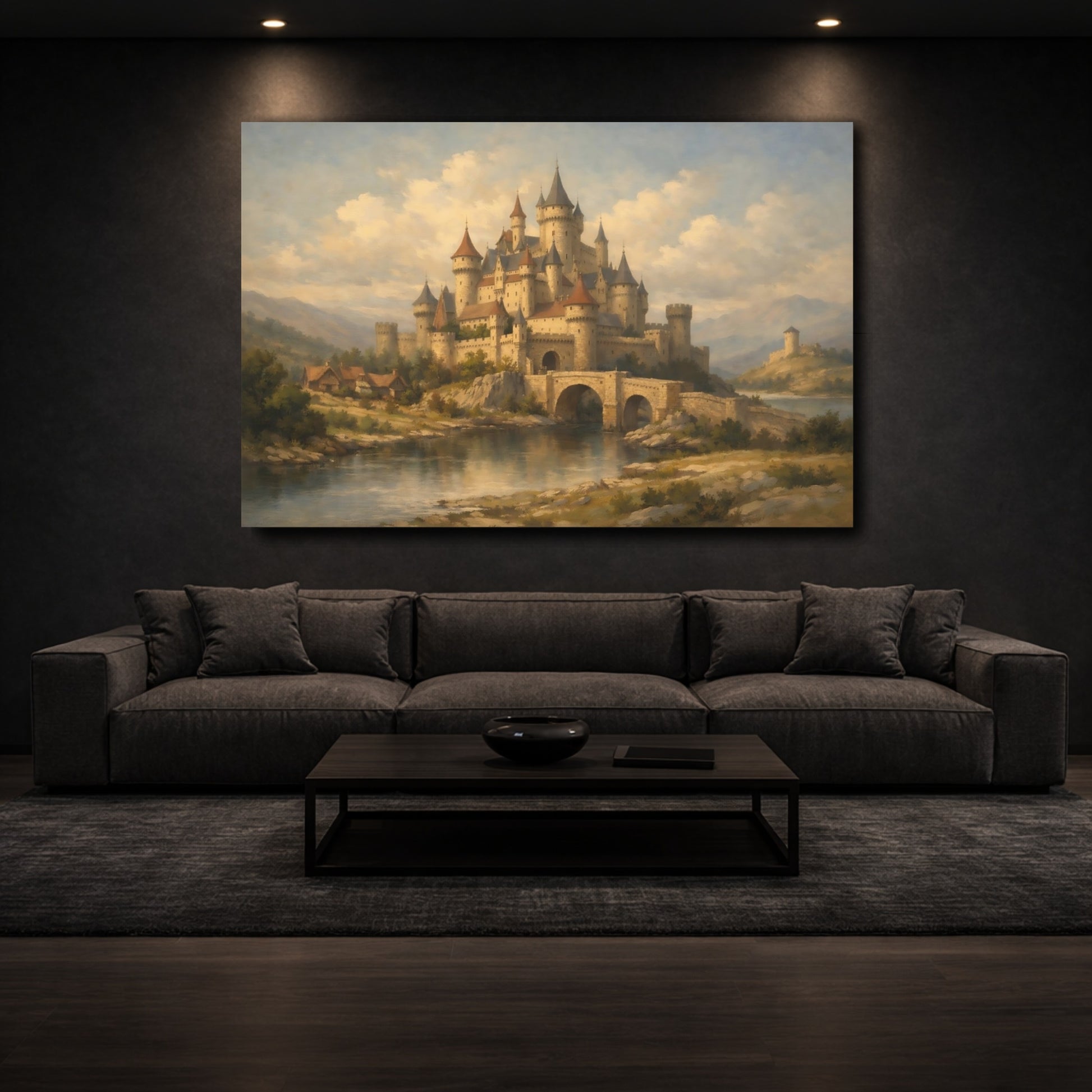 Mockup 2. Fairytale Medieval Castle Earthy Tones shown as stretched canvas wall art