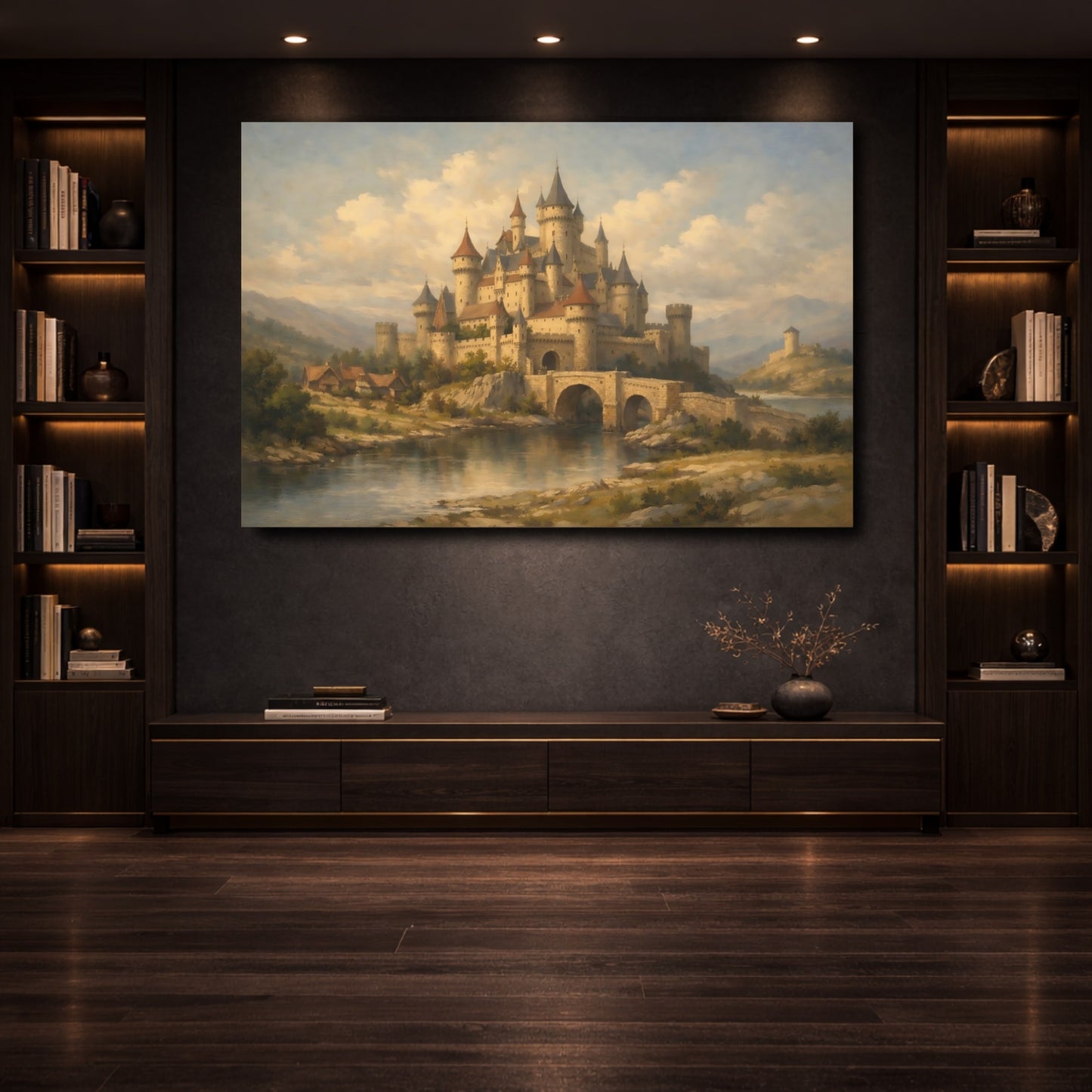Mockup 3. Fairytale Medieval Castle Earthy Tones shown as stretched canvas wall art