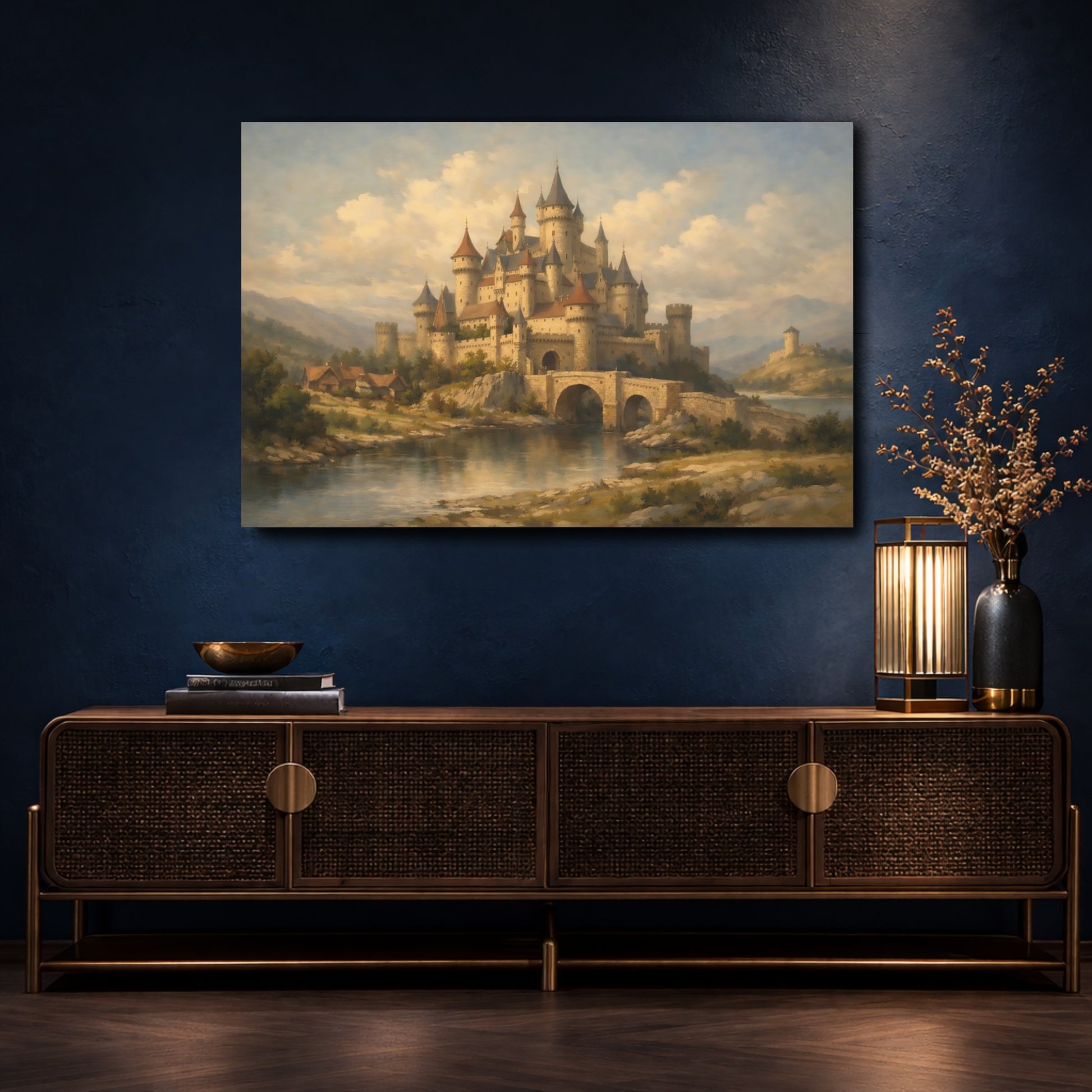 Mockup 4. Fairytale Medieval Castle Earthy Tones shown as stretched canvas wall art