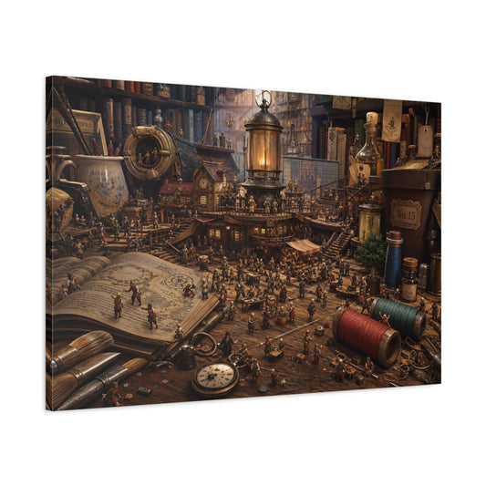 Main Mockup. Fairytale Miniature Village Brown And Gold shown as stretched canvas wall art