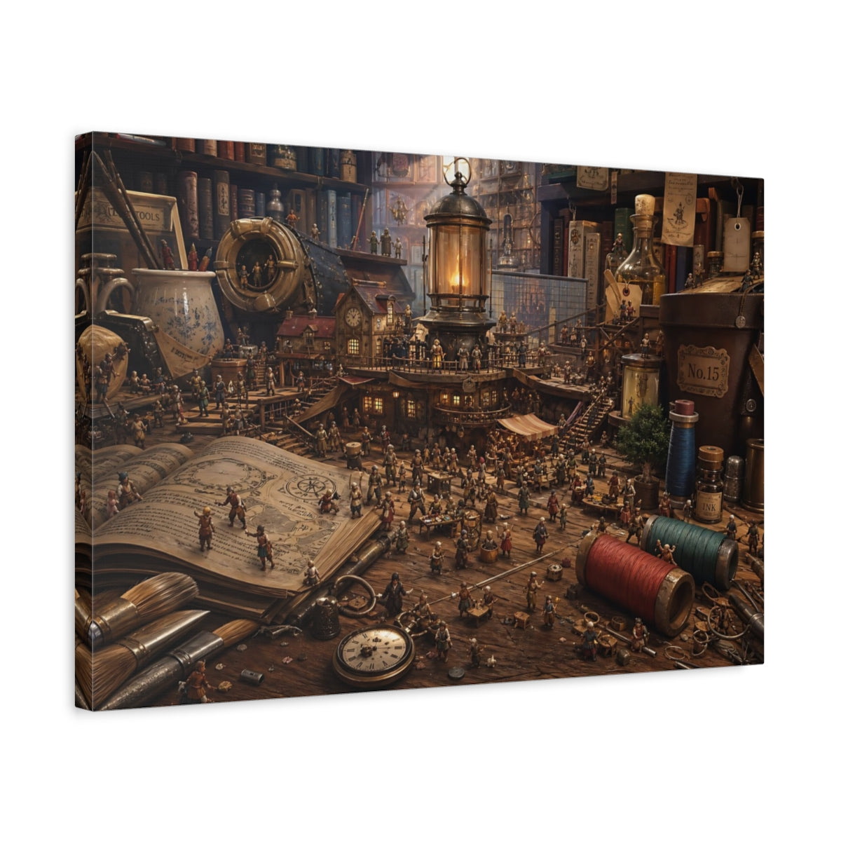Side Mockup 3. Fairytale Miniature Village Brown And Gold shown as stretched canvas wall art