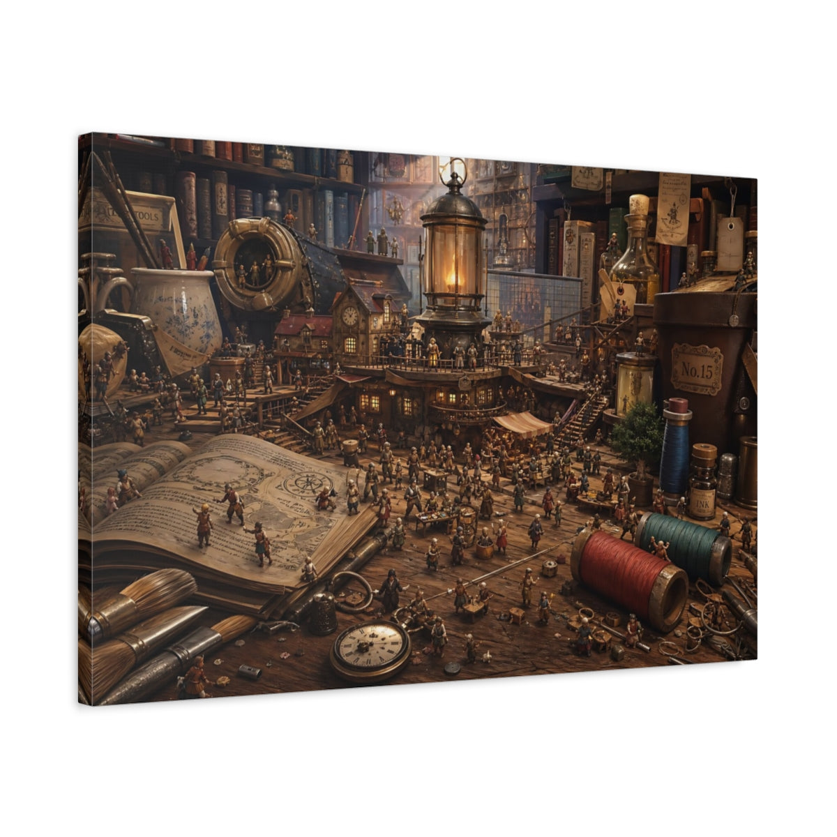 Side Mockup 2. Fairytale Miniature Village Brown And Gold shown as stretched canvas wall art