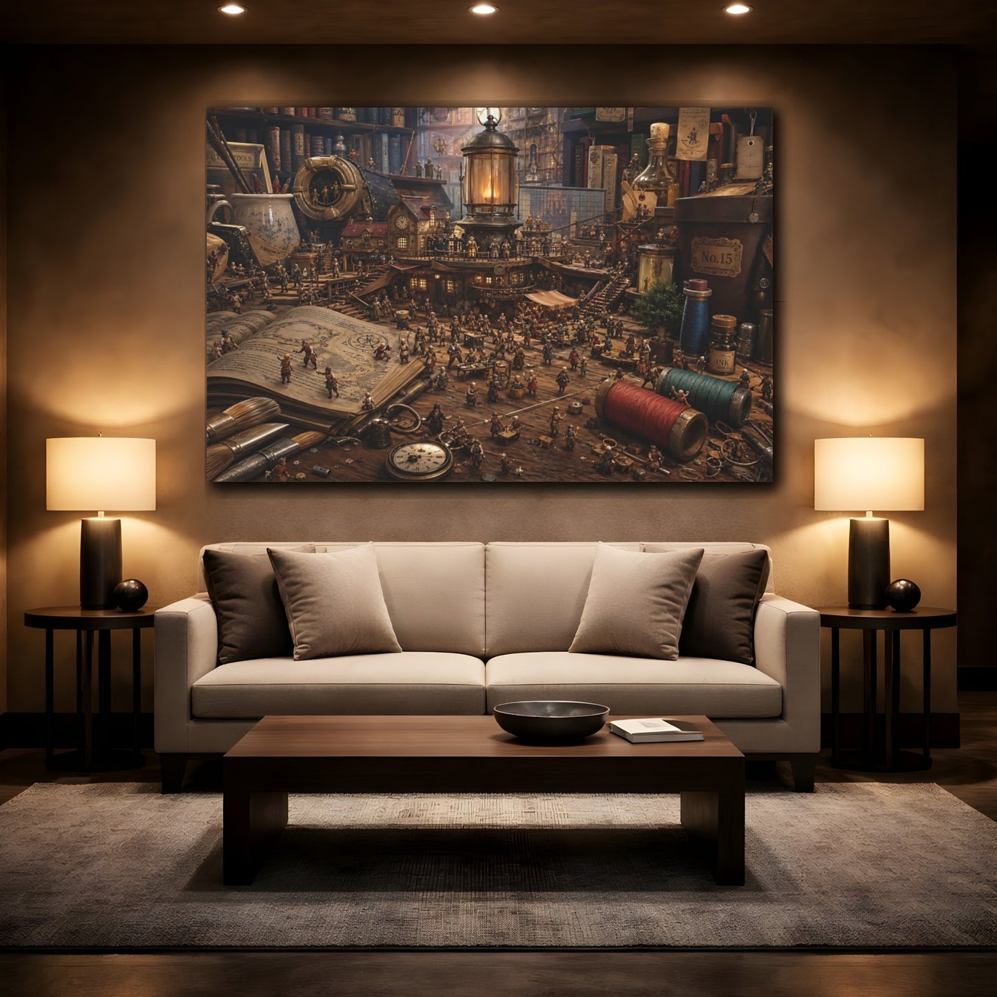 Mockup 2. Fairytale Miniature Village Brown And Gold shown as stretched canvas wall art