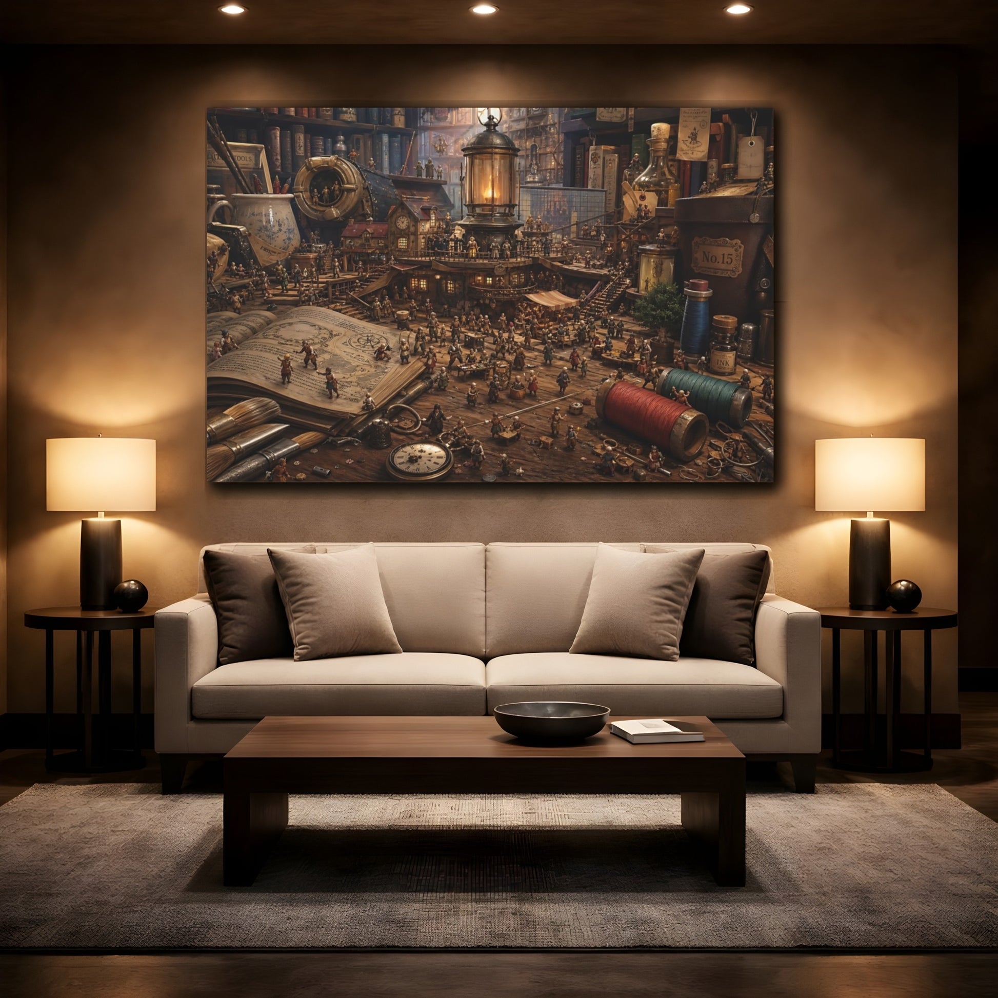 Mockup 2. Fairytale Miniature Village Brown And Gold shown as stretched canvas wall art