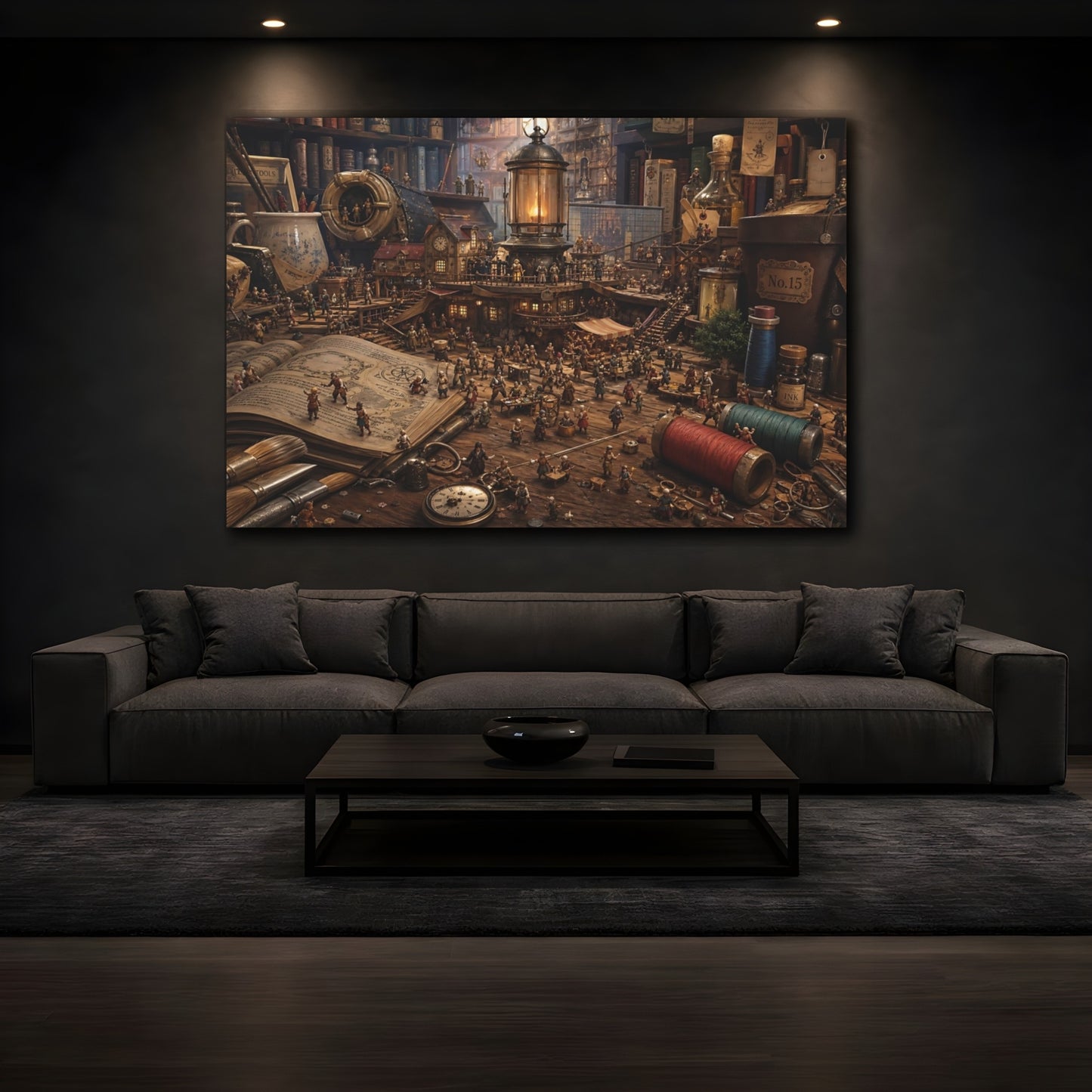 Mockup 3. Fairytale Miniature Village Brown And Gold shown as stretched canvas wall art