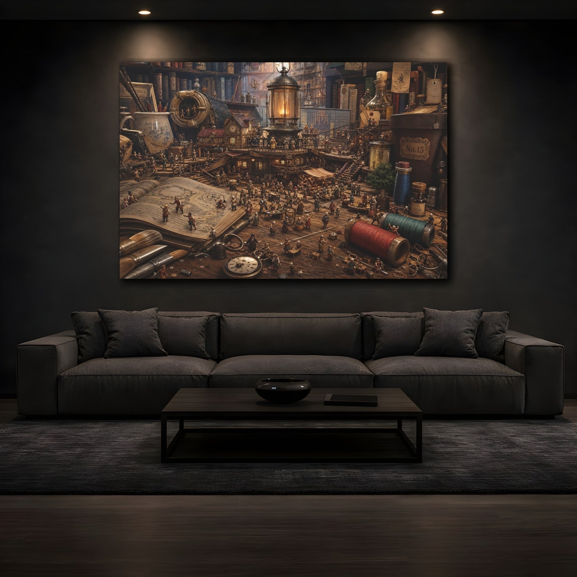 Mockup 3. Fairytale Miniature Village Brown And Gold shown as stretched canvas wall art