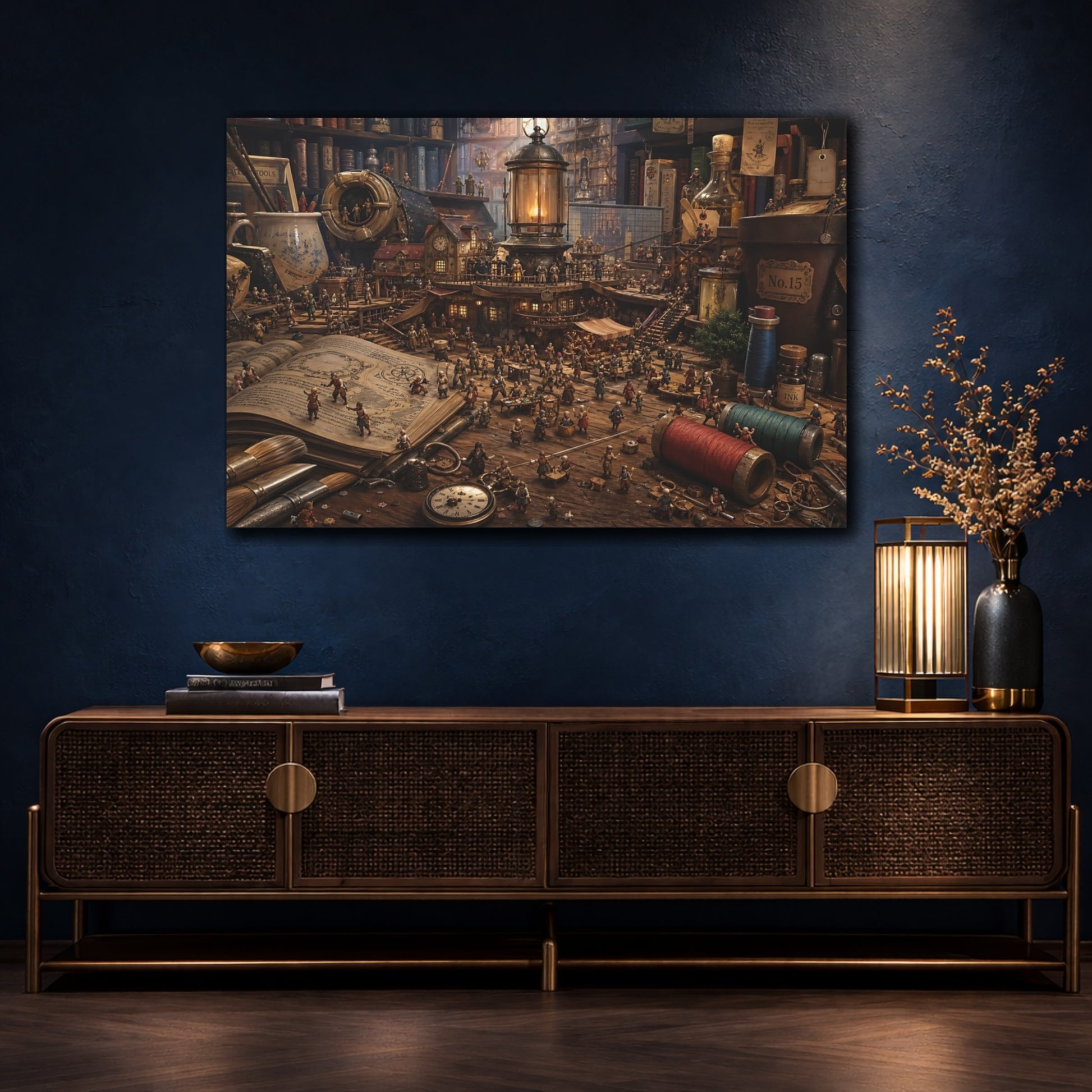 Mockup 4. Fairytale Miniature Village Brown And Gold shown as stretched canvas wall art