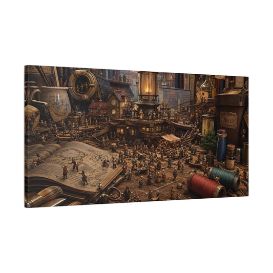 Main Mockup. Fairytale Miniature Village Warm Brown Tones shown as stretched canvas wall art