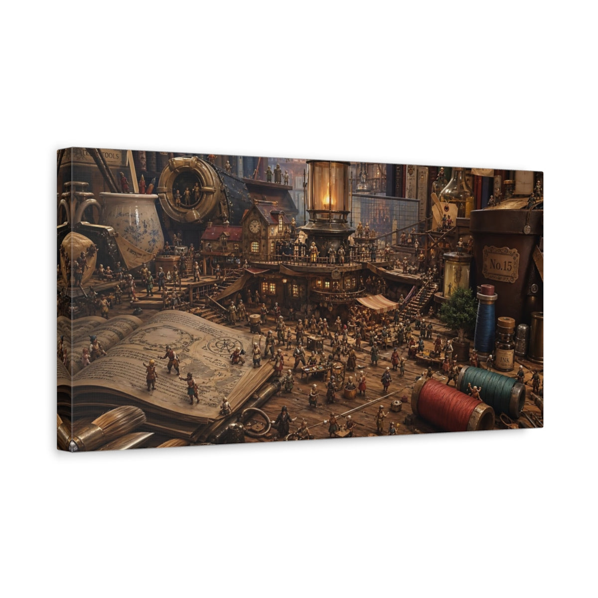Side Mockup 3. Fairytale Miniature Village Warm Brown Tones shown as stretched canvas wall art