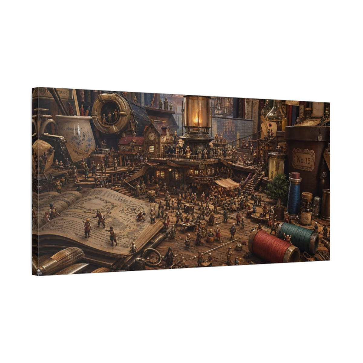 Side Mockup 1. Fairytale Miniature Village Warm Brown Tones shown as stretched canvas wall art