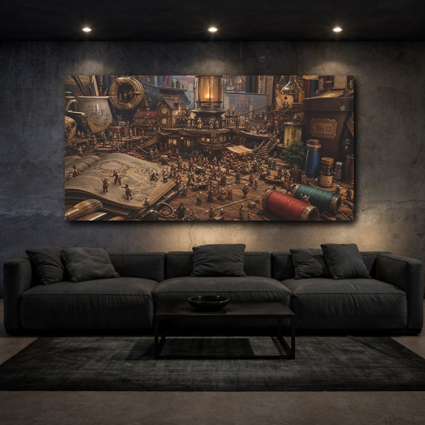Mockup 2. Fairytale Miniature Village Warm Brown Tones shown as stretched canvas wall art