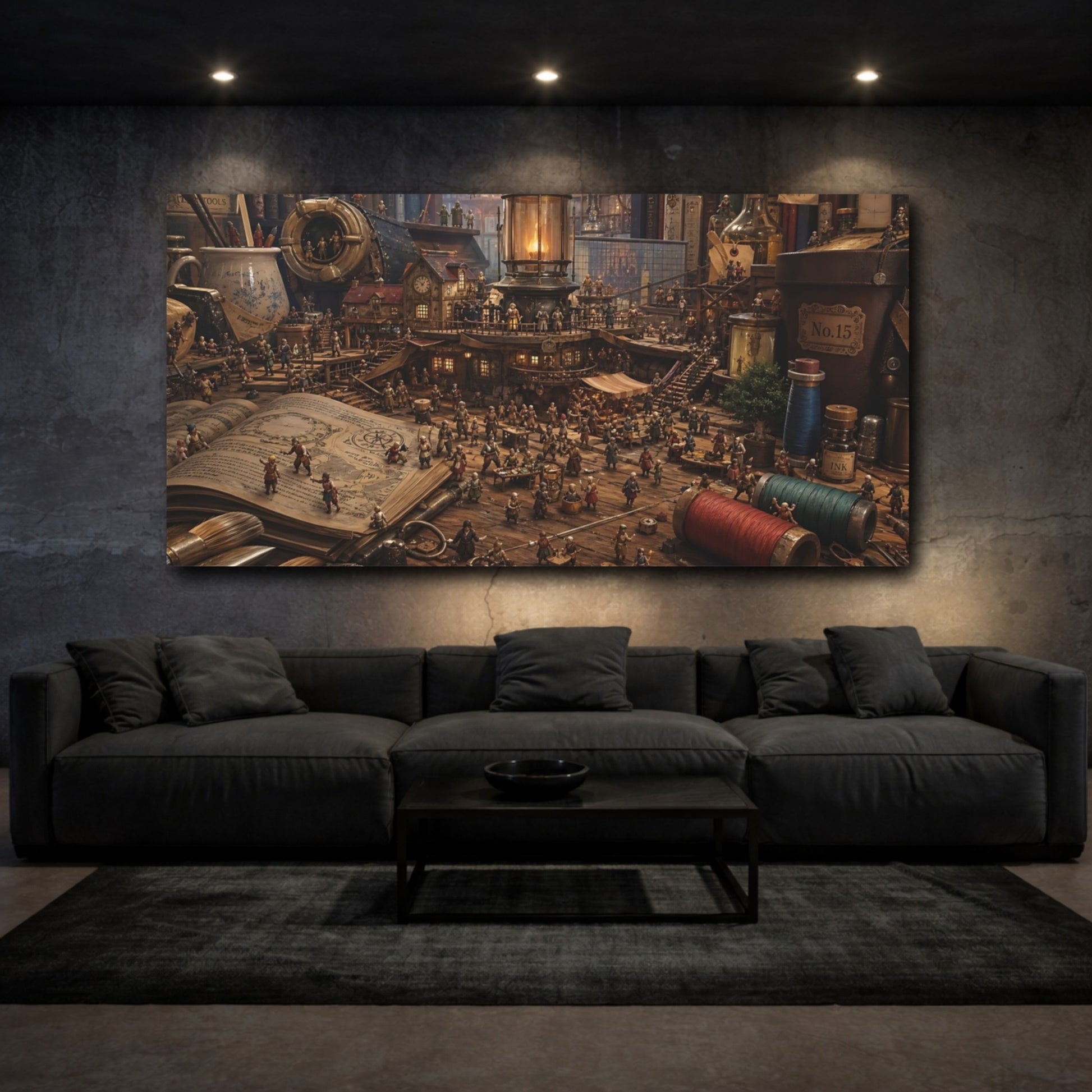 Mockup 2. Fairytale Miniature Village Warm Brown Tones shown as stretched canvas wall art