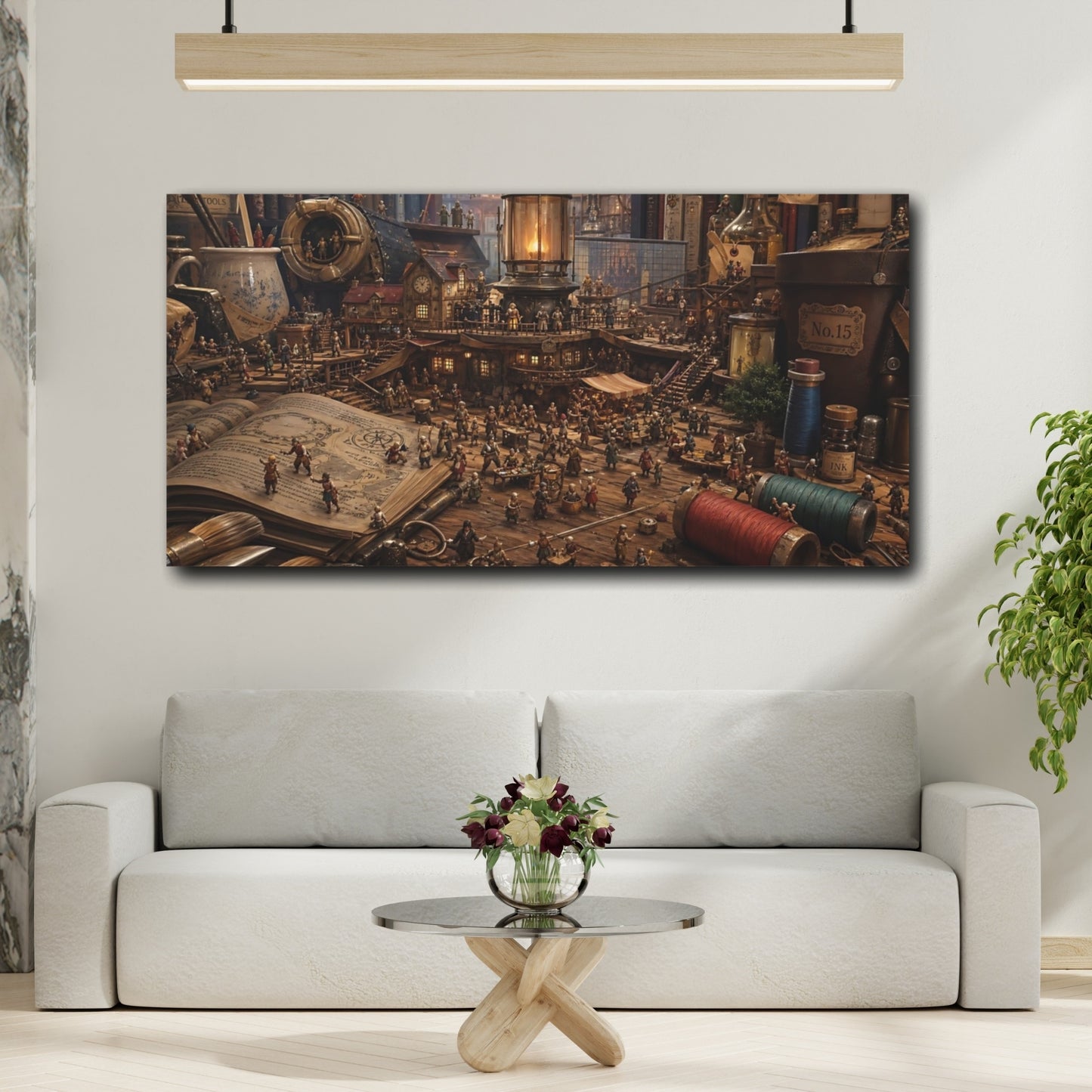 Mockup 3. Fairytale Miniature Village Warm Brown Tones shown as stretched canvas wall art