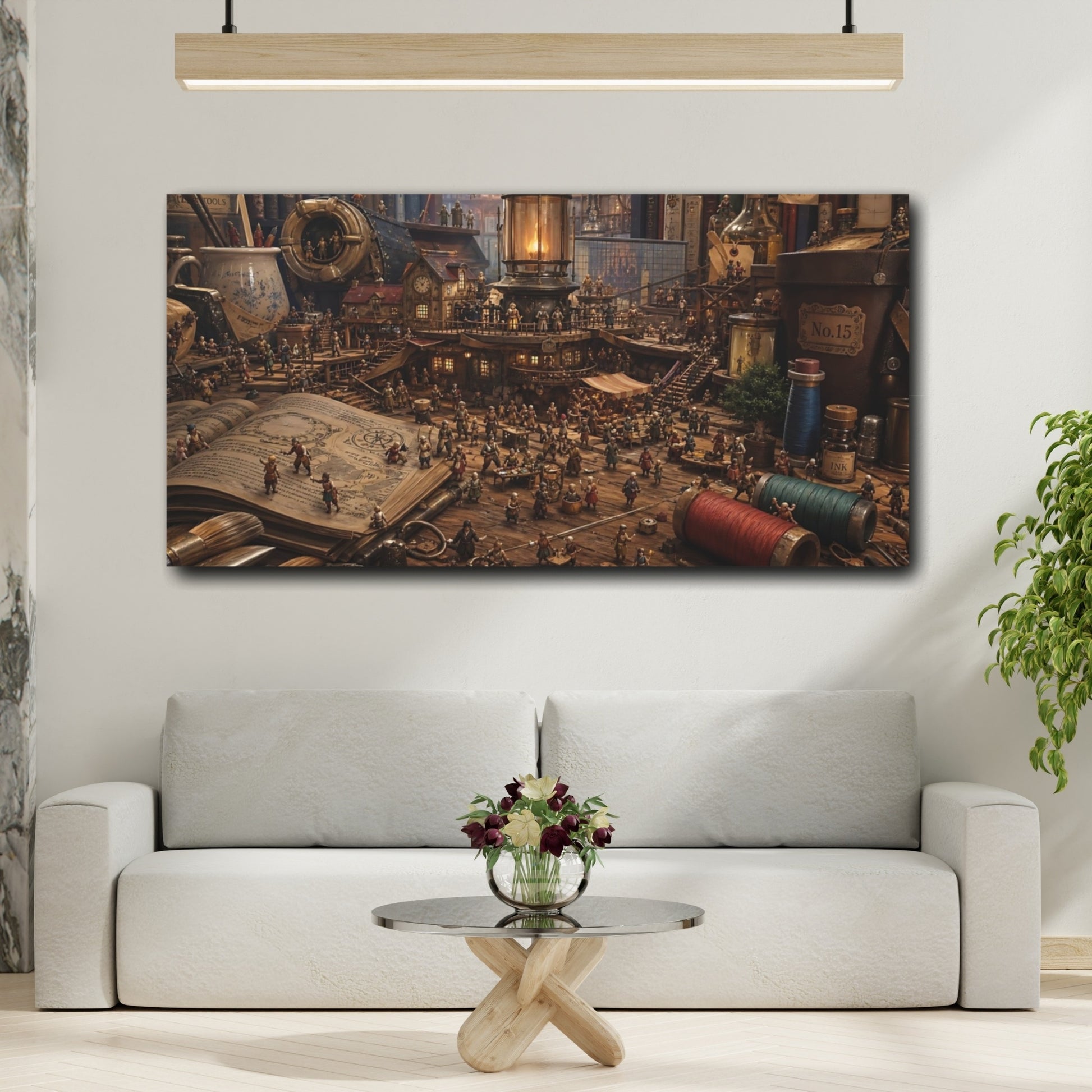 Mockup 3. Fairytale Miniature Village Warm Brown Tones shown as stretched canvas wall art