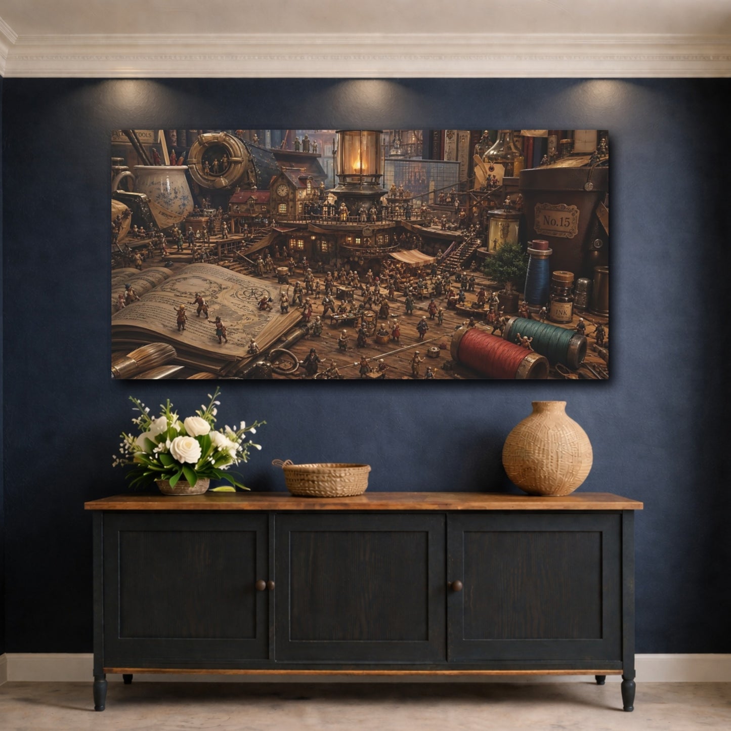 Mockup 4. Fairytale Miniature Village Warm Brown Tones shown as stretched canvas wall art