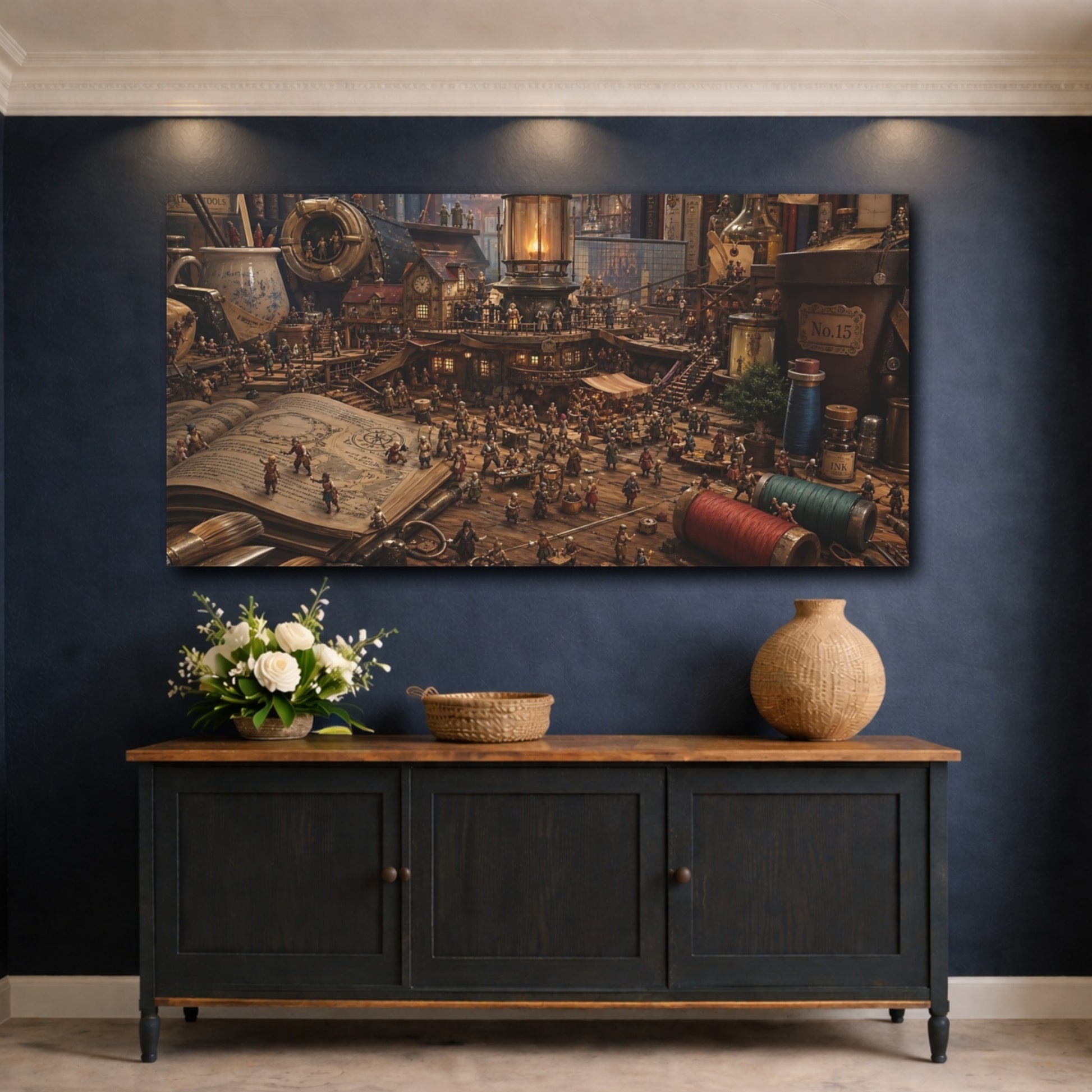 Mockup 4. Fairytale Miniature Village Warm Brown Tones shown as stretched canvas wall art