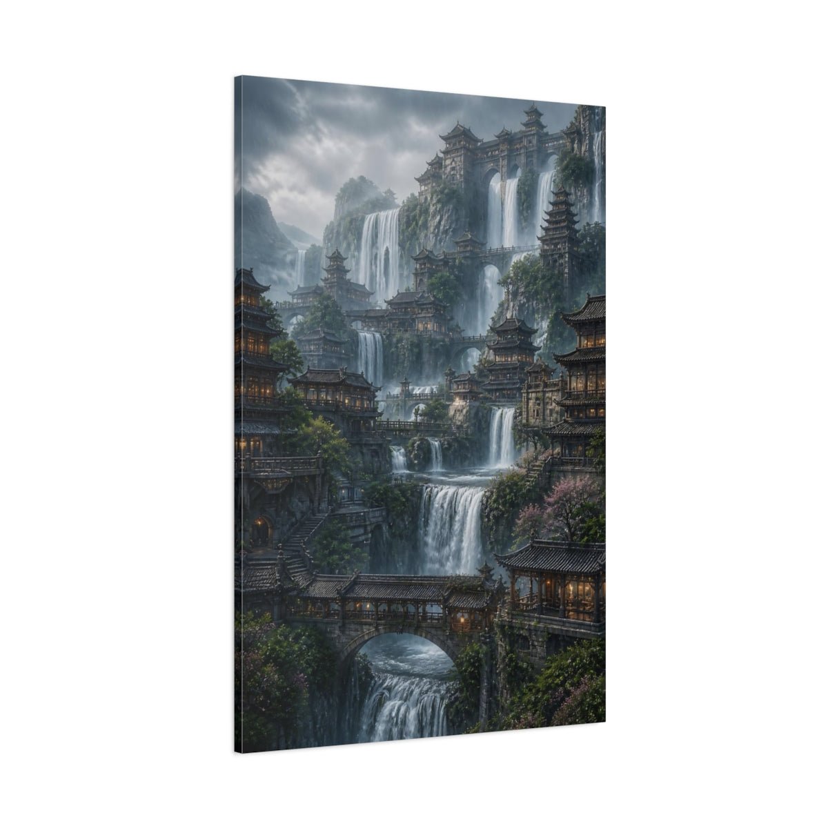 Fairytale Mountain City Grey And Green Canvas Print – Fantasy Living Room, Above Couch - YesArtYes
