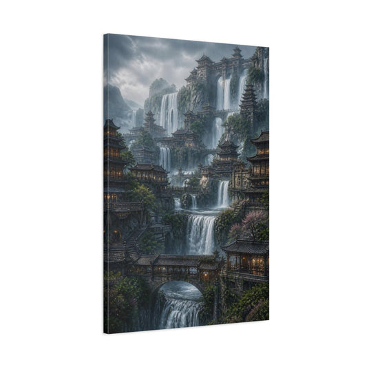 Fairytale Mountain City Grey And Green Canvas Print – Fantasy Living Room, Above Couch - YesArtYes