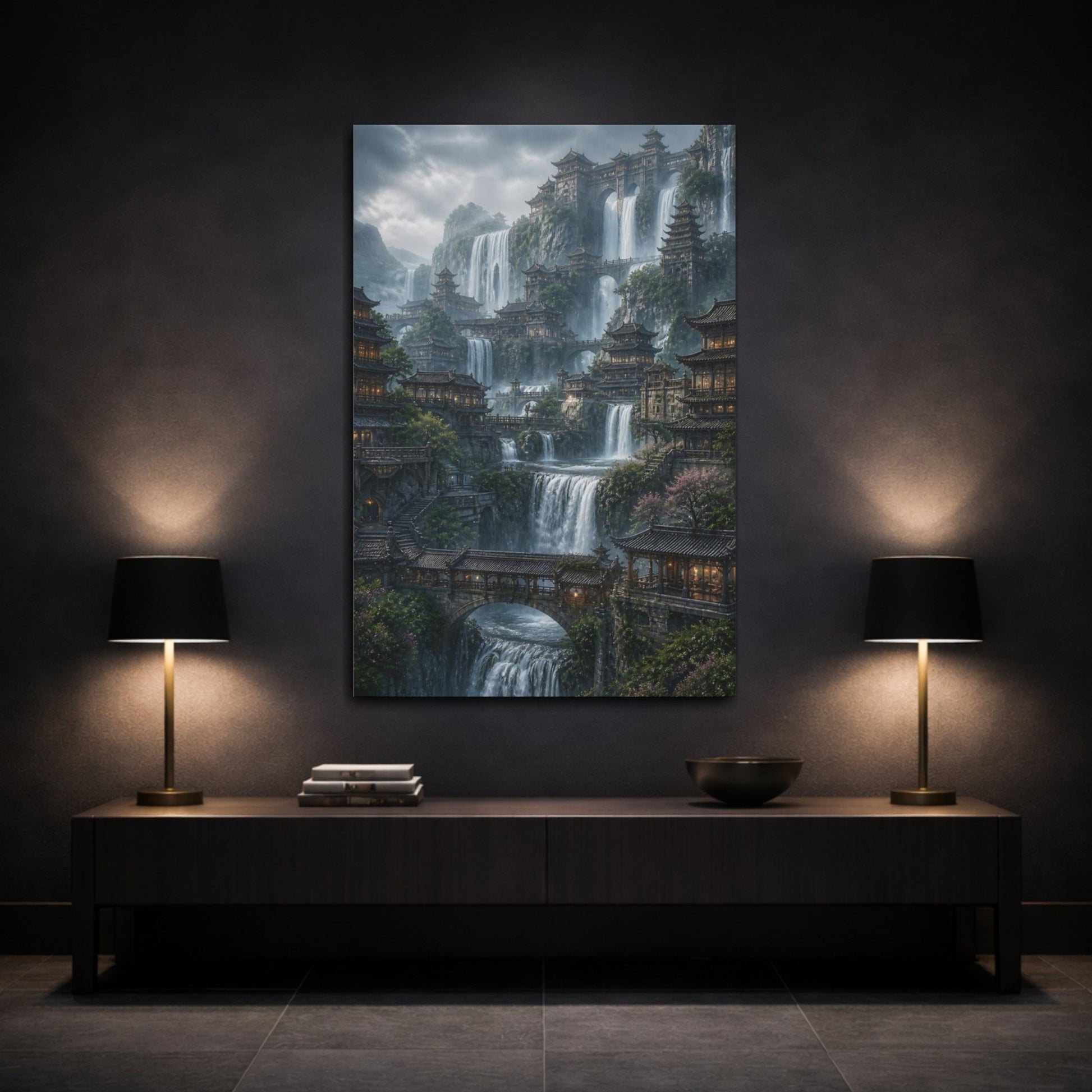 Fairytale Mountain City Grey And Green Canvas Print – Fantasy Living Room, Above Couch - YesArtYes