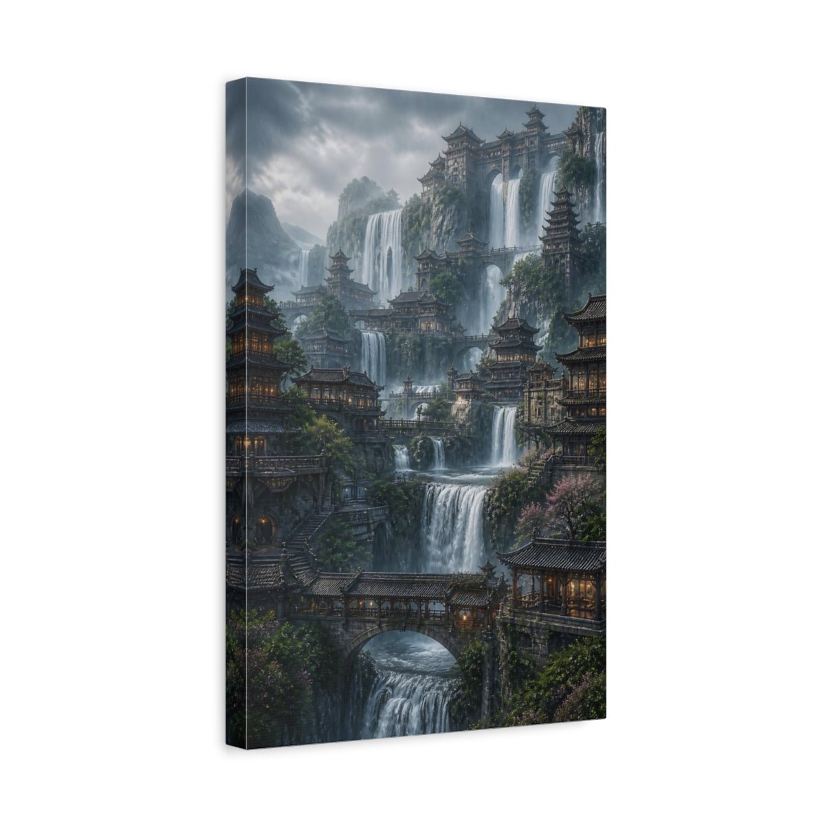 Fairytale Mountain City Grey And Green Canvas Print – Fantasy Living Room, Above Couch - YesArtYes