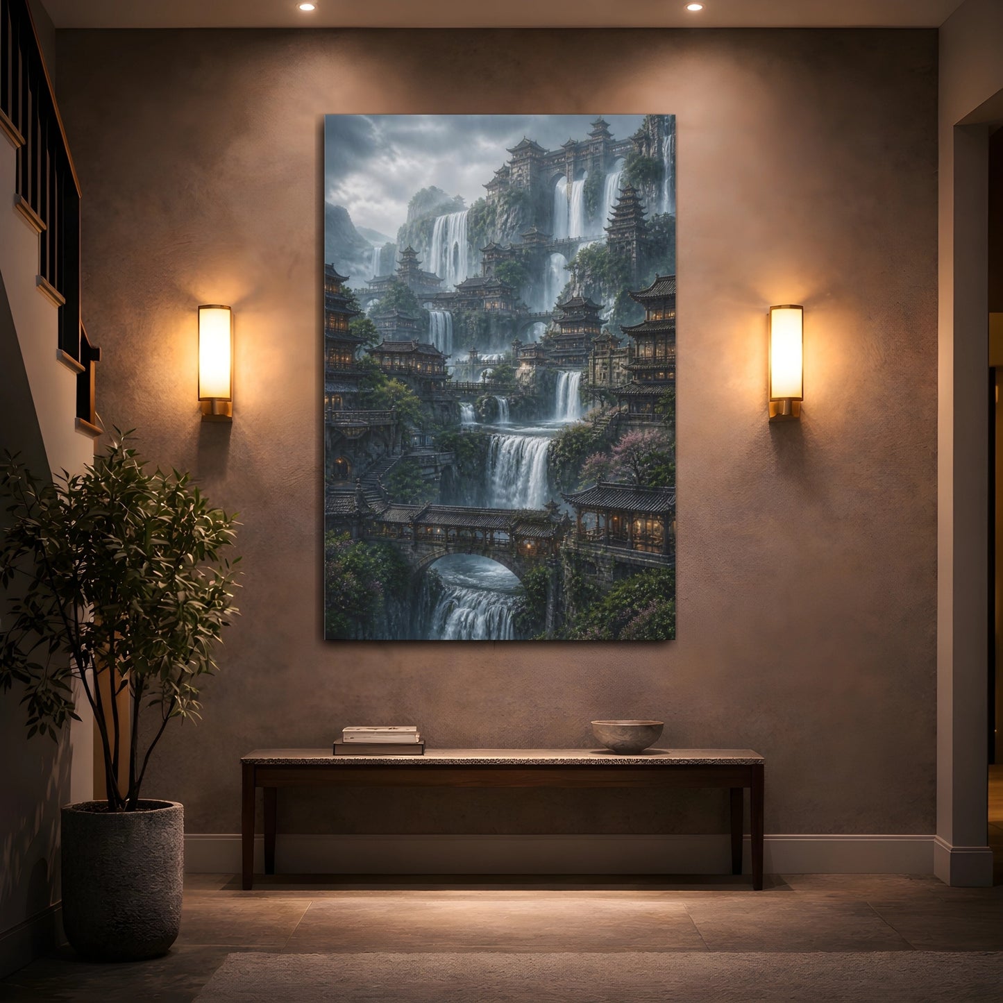 Mockup 2. Fairytale Mountain City Grey And Green shown as stretched canvas wall art