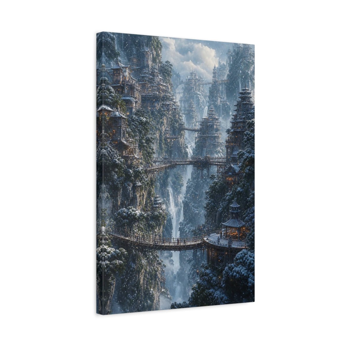 Fairytale Mountain City Winter Canvas Print – Fantasy Living Room, Above Fireplace - YesArtYes