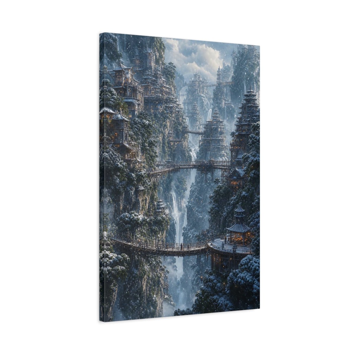 Fairytale Mountain City Winter Canvas Print – Fantasy Living Room, Above Fireplace - YesArtYes
