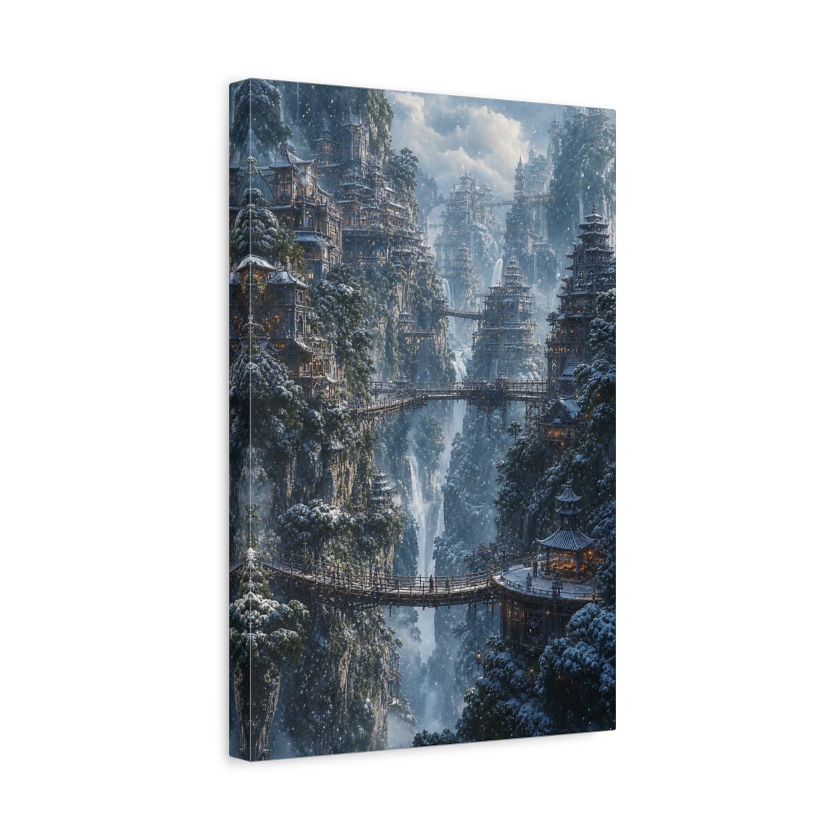 Fairytale Mountain City Winter Canvas Print – Fantasy Living Room, Above Fireplace - YesArtYes