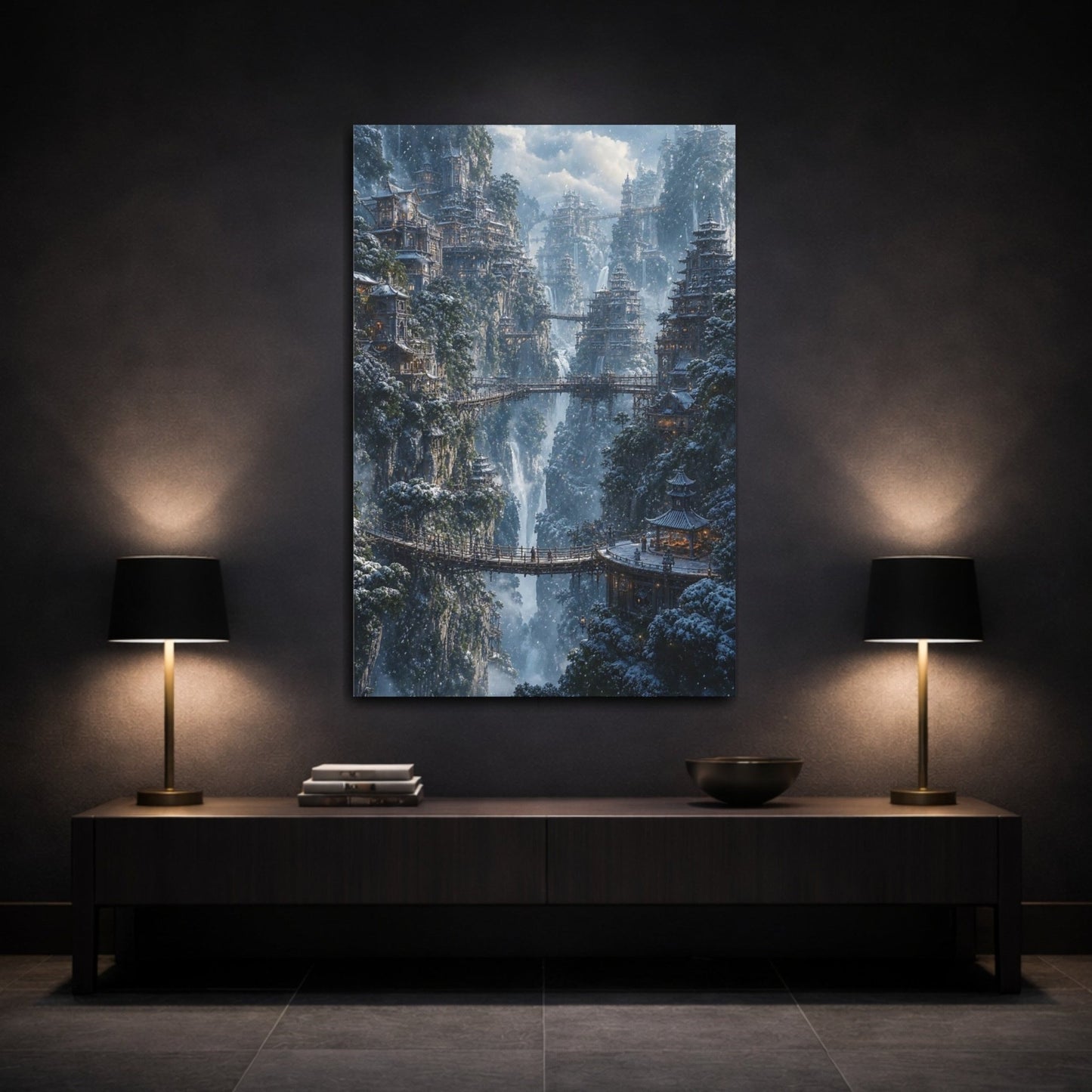 Fairytale Mountain City Winter Canvas Print – Fantasy Living Room, Above Fireplace - YesArtYes
