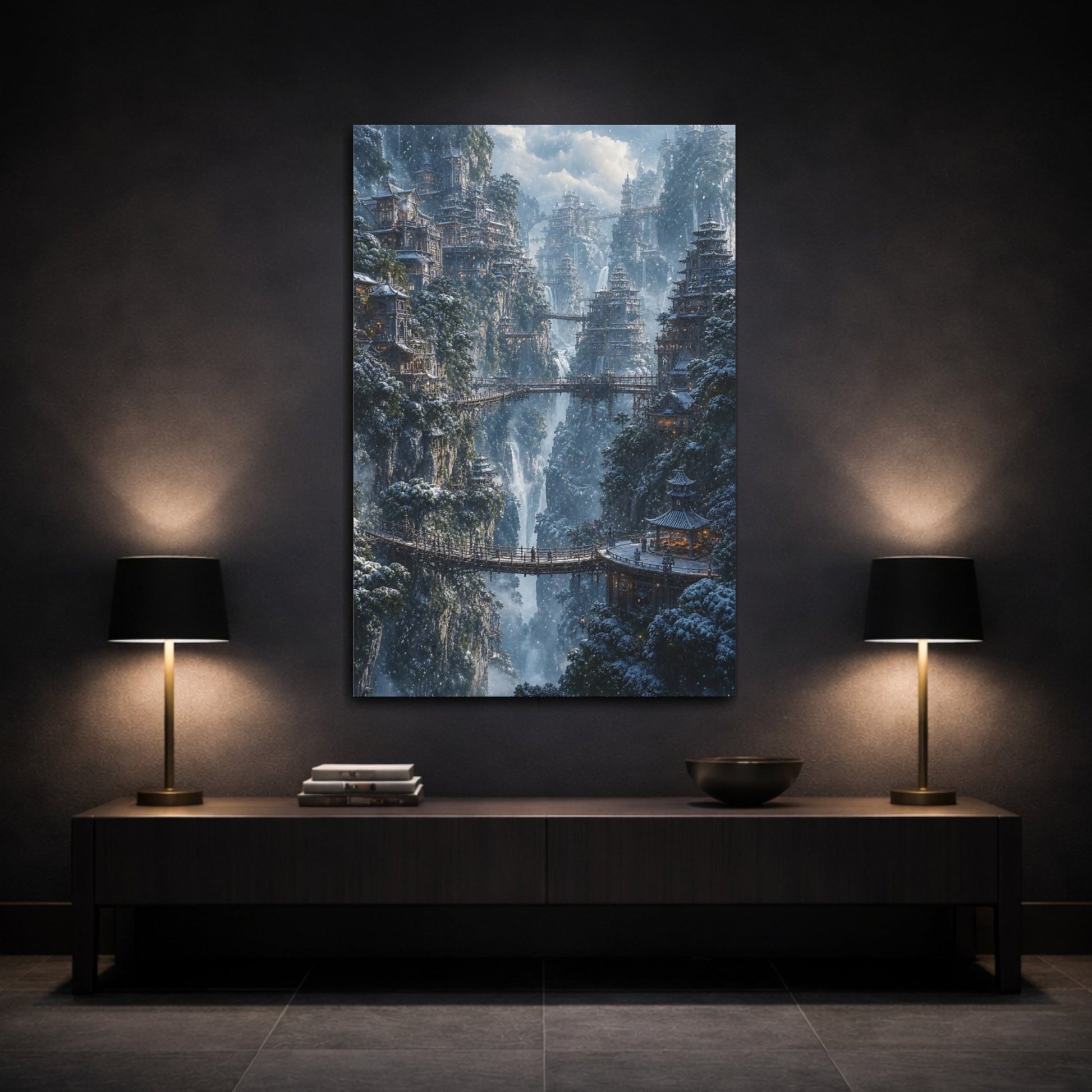 Fairytale Mountain City Winter Canvas Print – Fantasy Living Room, Above Fireplace - YesArtYes