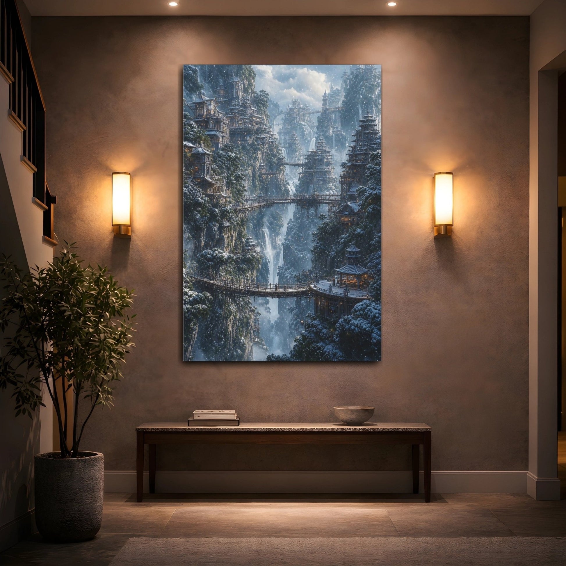 Fairytale Mountain City Winter Canvas Print – Fantasy Living Room, Above Fireplace - YesArtYes