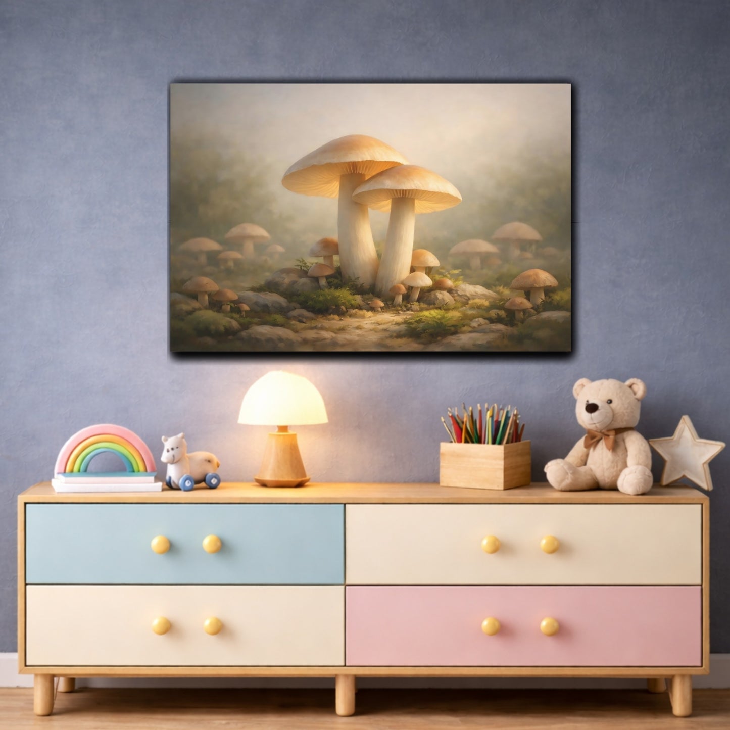 Fairytale Mushrooms Ethereal Mushrooms shown as front canvas room wall art