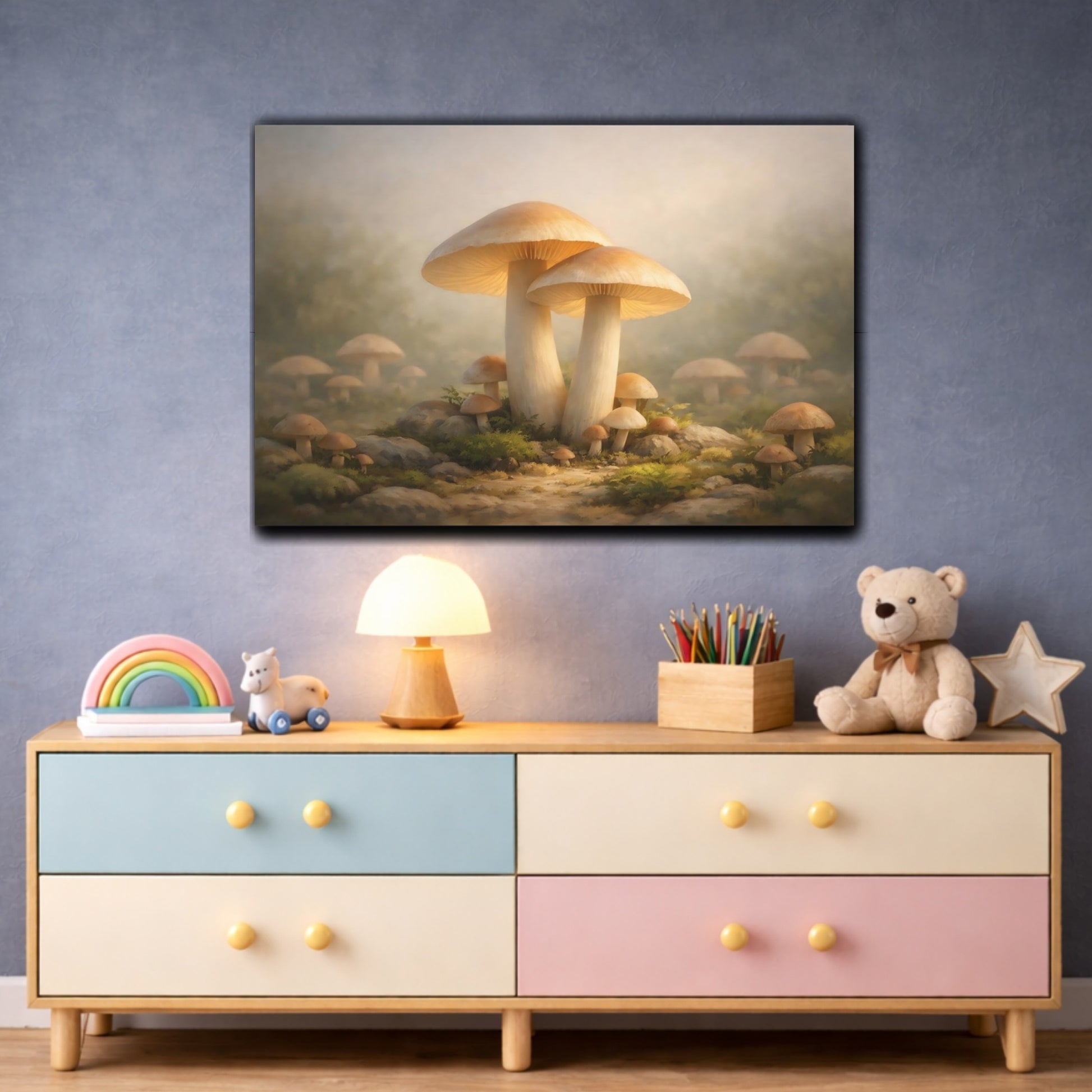 Fairytale Mushrooms Ethereal Mushrooms shown as front canvas room wall art