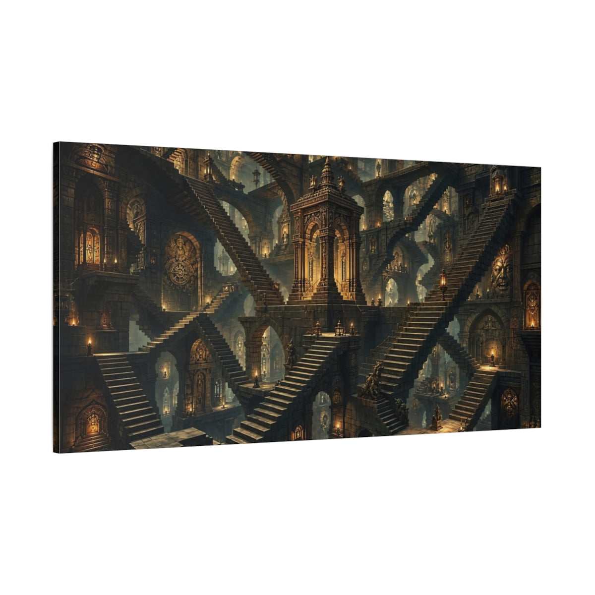 Side Mockup 2. Fairytale Mystic Labyrinth Stone And Gold shown as stretched canvas wall art