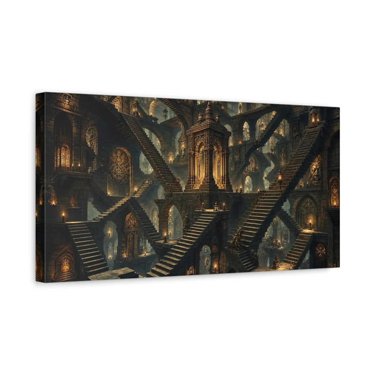Side Mockup 3. Fairytale Mystic Labyrinth Stone And Gold shown as stretched canvas wall art