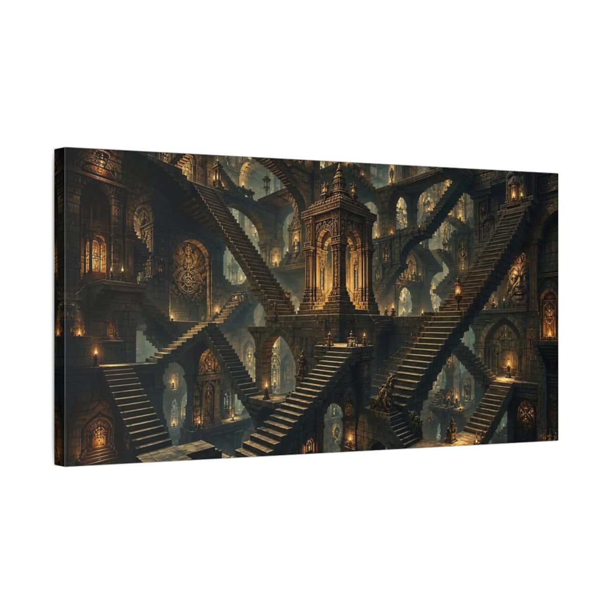 Side Mockup 1. Fairytale Mystic Labyrinth Stone And Gold shown as stretched canvas wall art