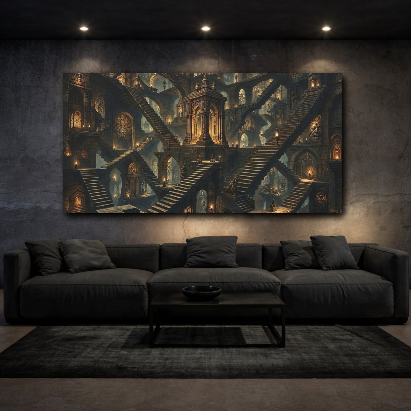 Mockup 2. Fairytale Mystic Labyrinth Stone And Gold shown as stretched canvas wall art