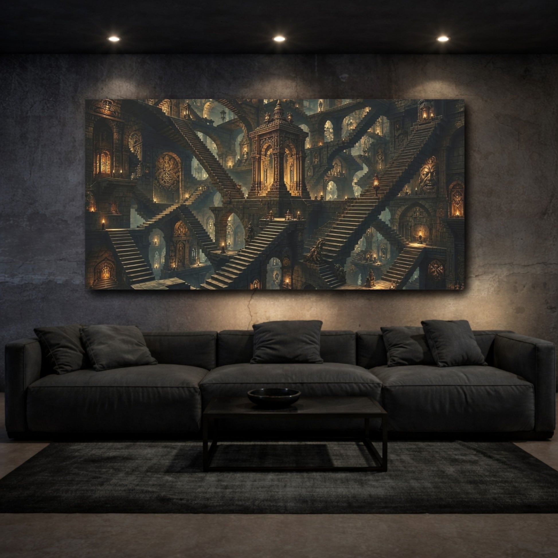 Mockup 2. Fairytale Mystic Labyrinth Stone And Gold shown as stretched canvas wall art